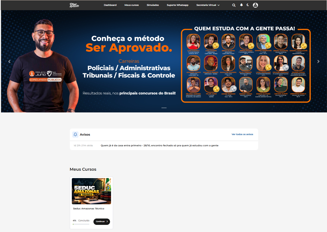 Captura da plataforma Ser Aprovado: Dashboard do aluno