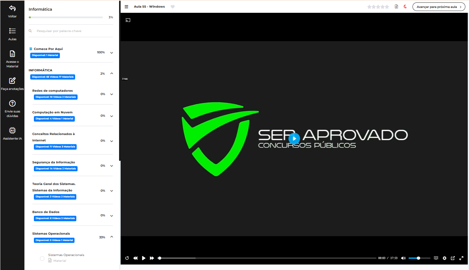 Captura da plataforma Ser Aprovado: Aulas com player completo